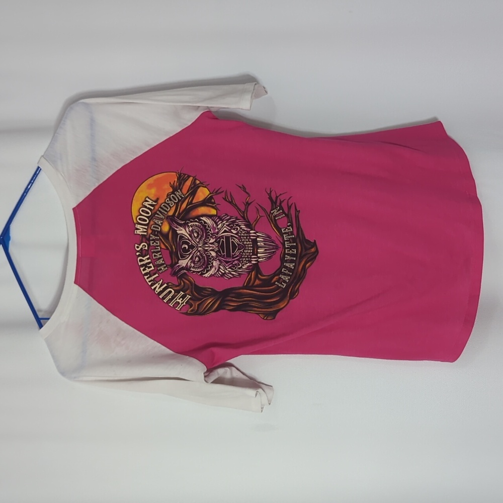 Harley Davidson Hunters Moon Pink White Raglan Owl Graphic Tee Medium
